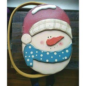 Wicker Basket Handled Snowman Hinged Lid Winter Christmas Storage Display